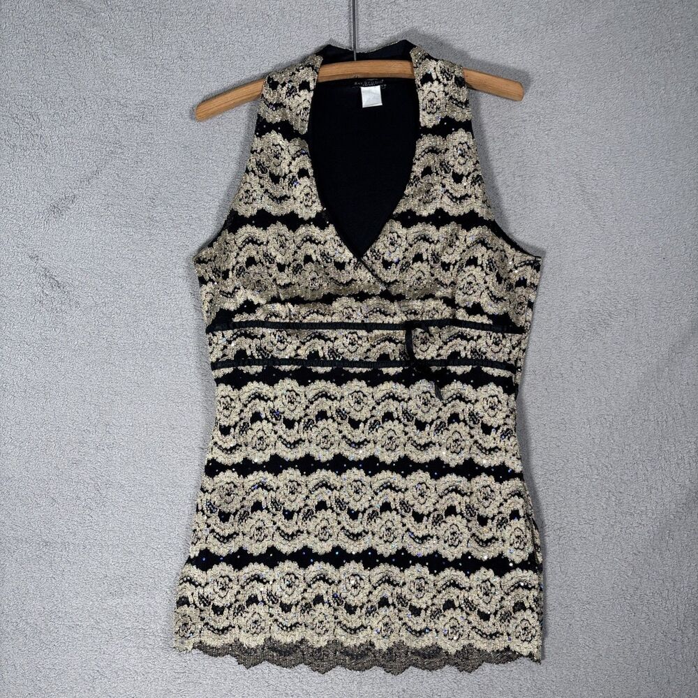 VNTG Bay Studios Black Gold Lace‎ Sequin Baby Doll Top Womens M Y2K Fairy Glam